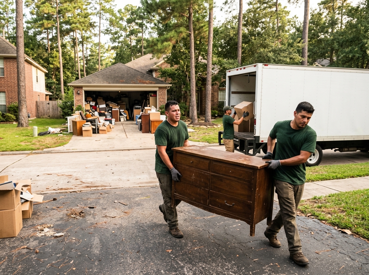 Junk removal crew hauling furniture from a residential garage in The Woodlands TX
