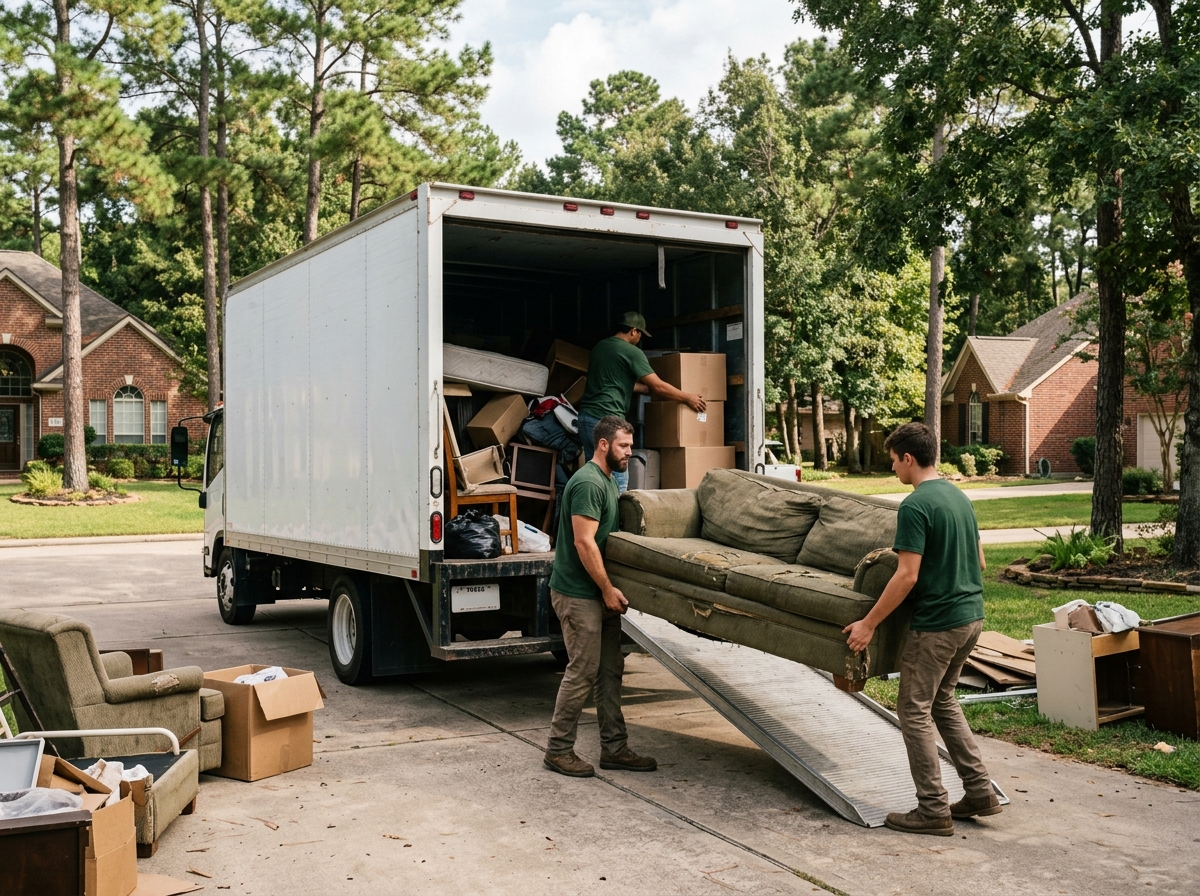 Professional junk removal crew loading furniture into truck in The Woodlands TX
